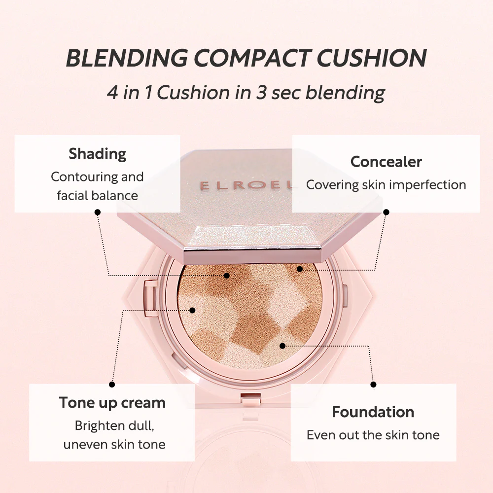 کوشن 4 کاره ELROEL، ترکیبی برنده 3 elroel blending compact cushion kbeauty 4in1 compact foundation uk jpg